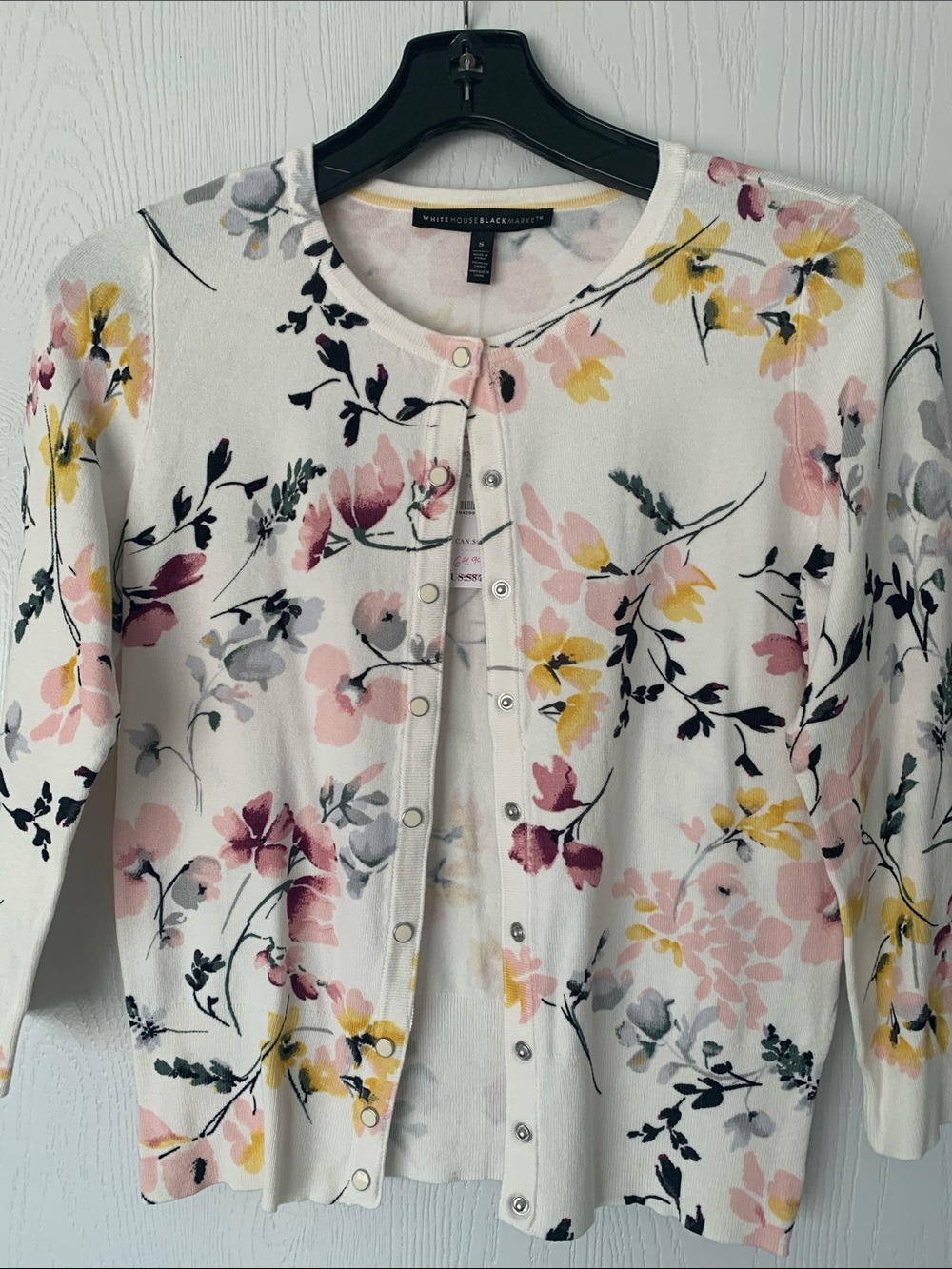 White Floral Snap-Front Cardigan with Pink & Yellow Blossoms